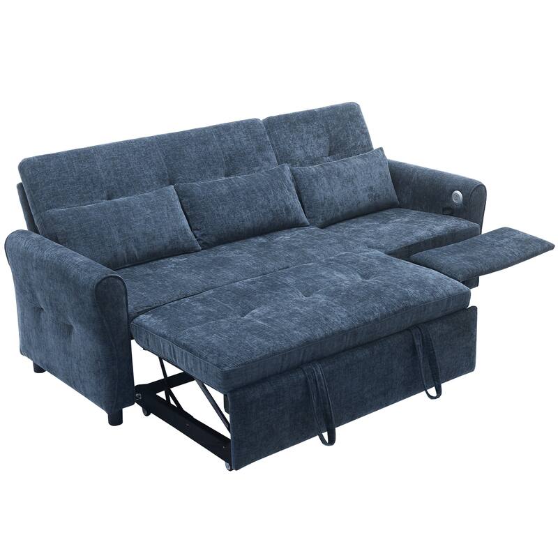 82" Chenille 2-in-1 Sofa Bed with Adjustable Backrest, Reversible Chaise, USB Charging Ports