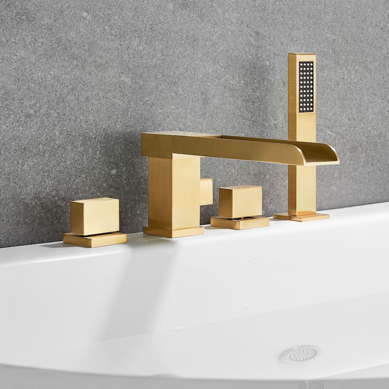 Altair Nairn Deck-Mount Roman Waterfall Tub Filler with Handshower - Brushed Gold