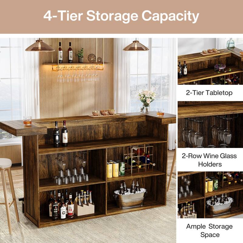 Industrial Wood Bar Table Liquor Cabinet with Wine Glass Holder