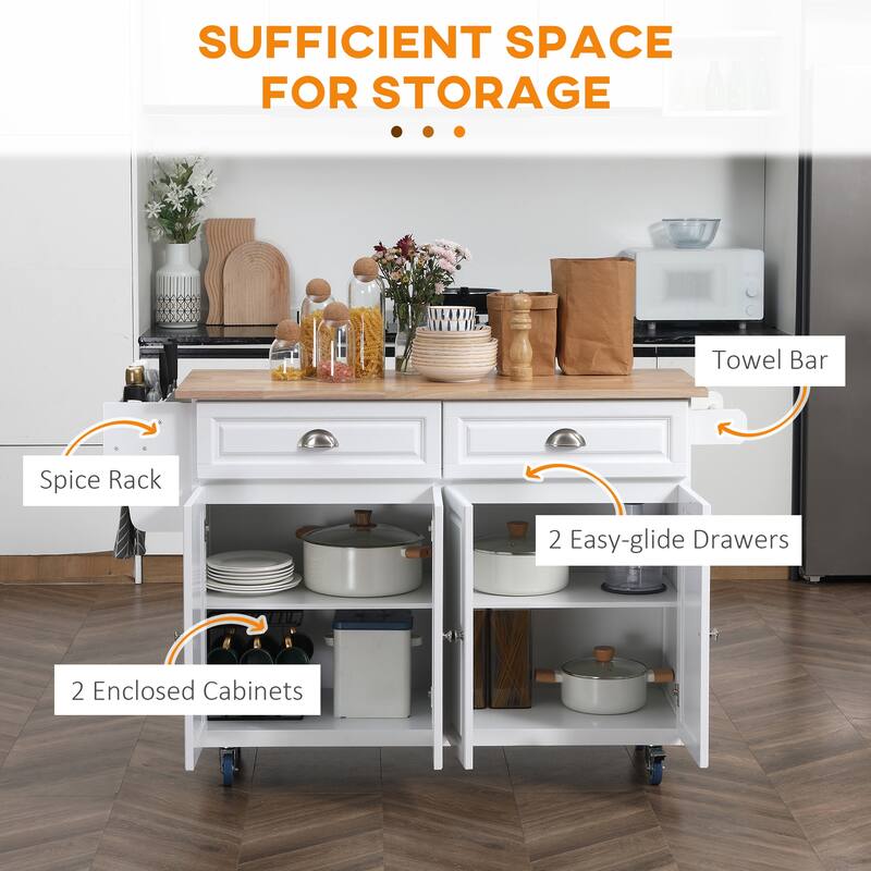 Rolling Kitchen Island on Wheels, Kitchen cart with Solid Wood Drop Leaf Breakfast Bar, Storage Drawers, 4-Door Cabinets