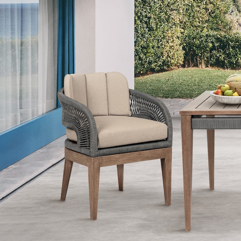 Orbit Boho Solid Eucalyptus Wood and Woven Rope Outdoor Dining Chair with Olefin Cushions