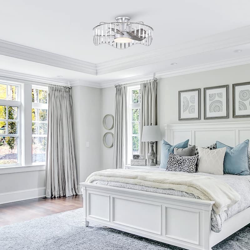 27" Modern Flush Mount Ceiling Fan Caged Crystal Fandelier Low Profile Ceiling Fan in Brushed Nicke