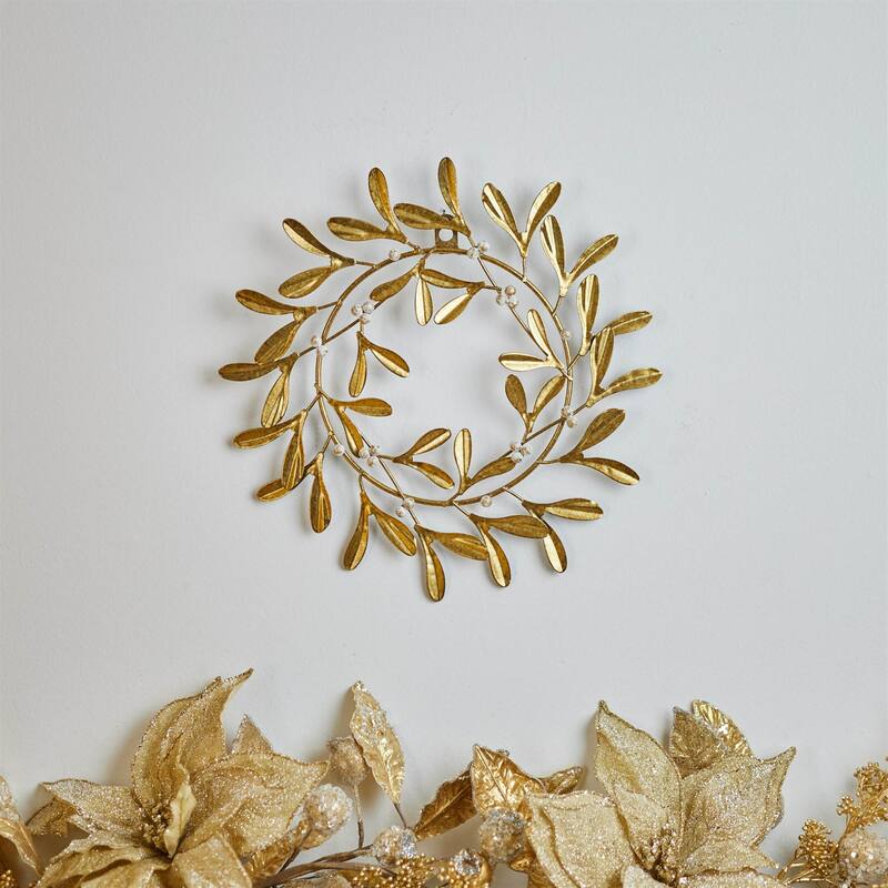 Mistletoe leaf Metal Christmas Wreath Decoration - 12" - Gold