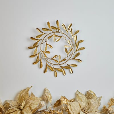 Mistletoe leaf Metal Christmas Wreath Decoration - 12" - Gold
