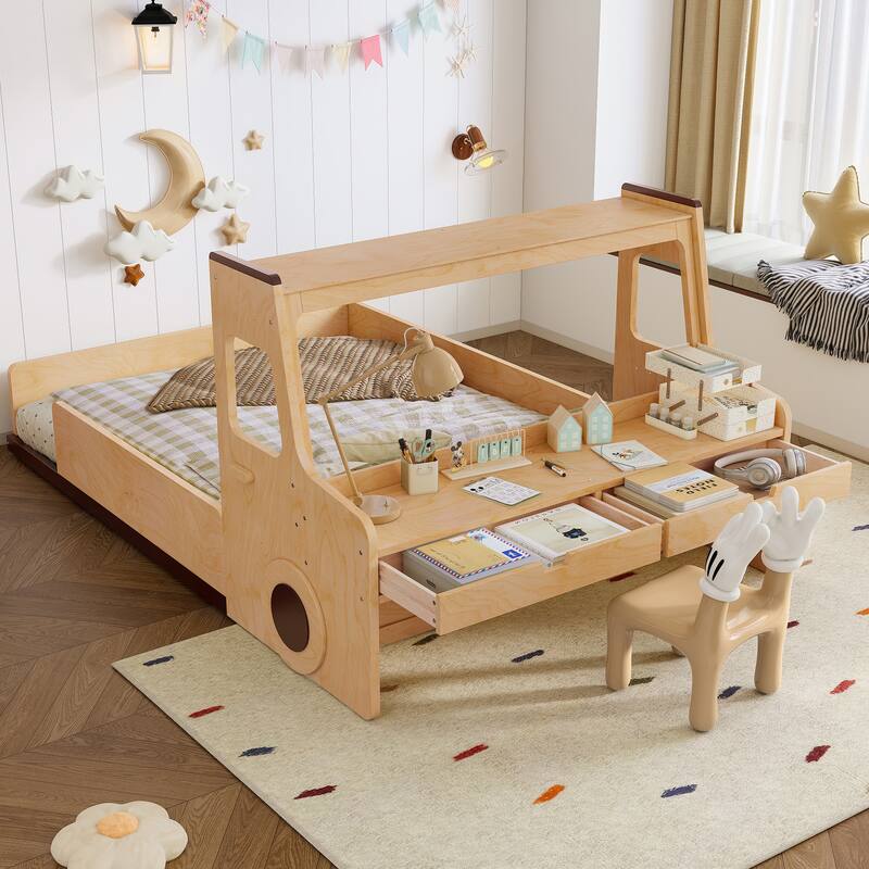 Childlike Wooden Platform Bed Interesting Car-shaped Floor Bed Frame with Storage Drawers, Desk, Open Top Shelf and Headboard - Natural - Full