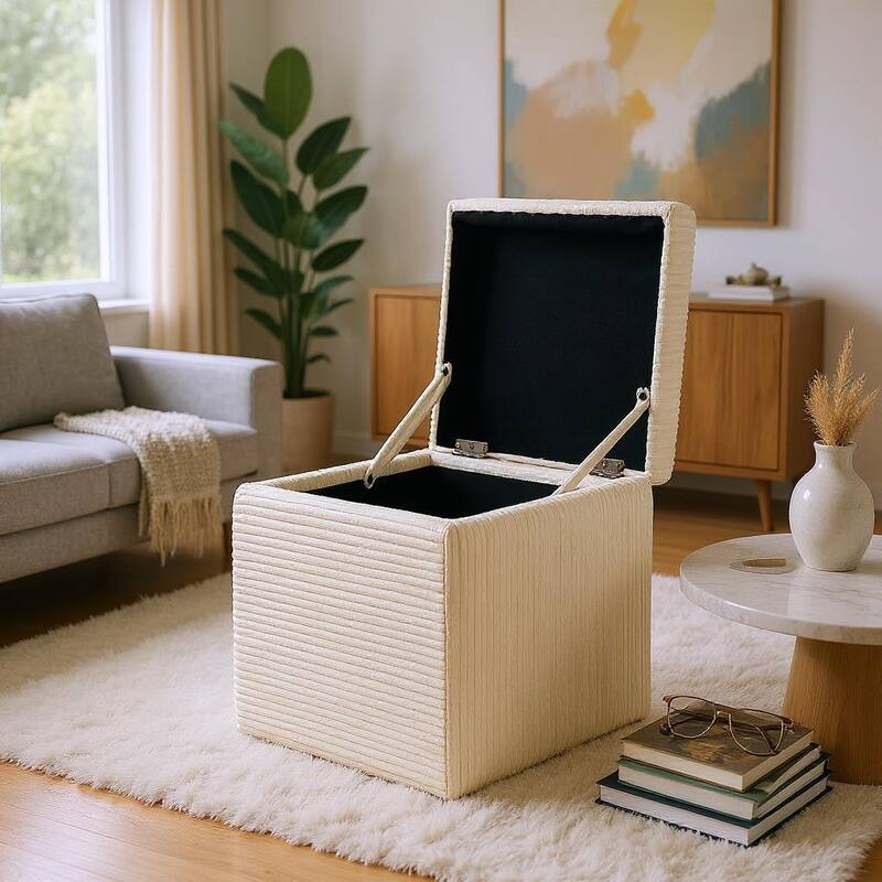 Modern Square Corduroy Ottoman Footrest with Hidden Storage for Living Room or Bedroom