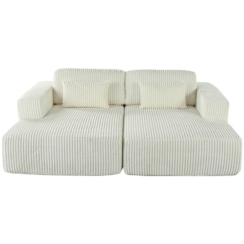 Oversized Double Chaise Lounge Sofa, Comfy Full-Compressed Sleeper Sofa Bed, Corduroy Upholstered Sofa Bed with 2 Pillows