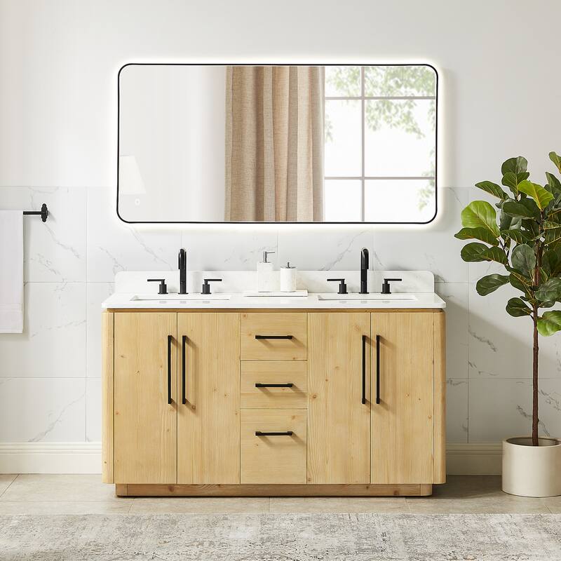 Serene Bathroom Vanity in Nature Brown with Grain White Engineered Stone Countertop with Mirror - 60 inch