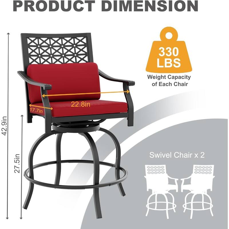 Outdoor High Swivel Bar Stools Set of 2, Bar Height Patio Chairs with Seat Cushion for Outdoor, Garden