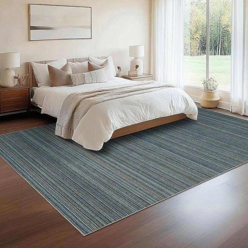 Modern Stripe Machine Washable Area Rug for Bedroom, Living Room, Blue - 1'6" x 2'6" - Blue 9' x 12'