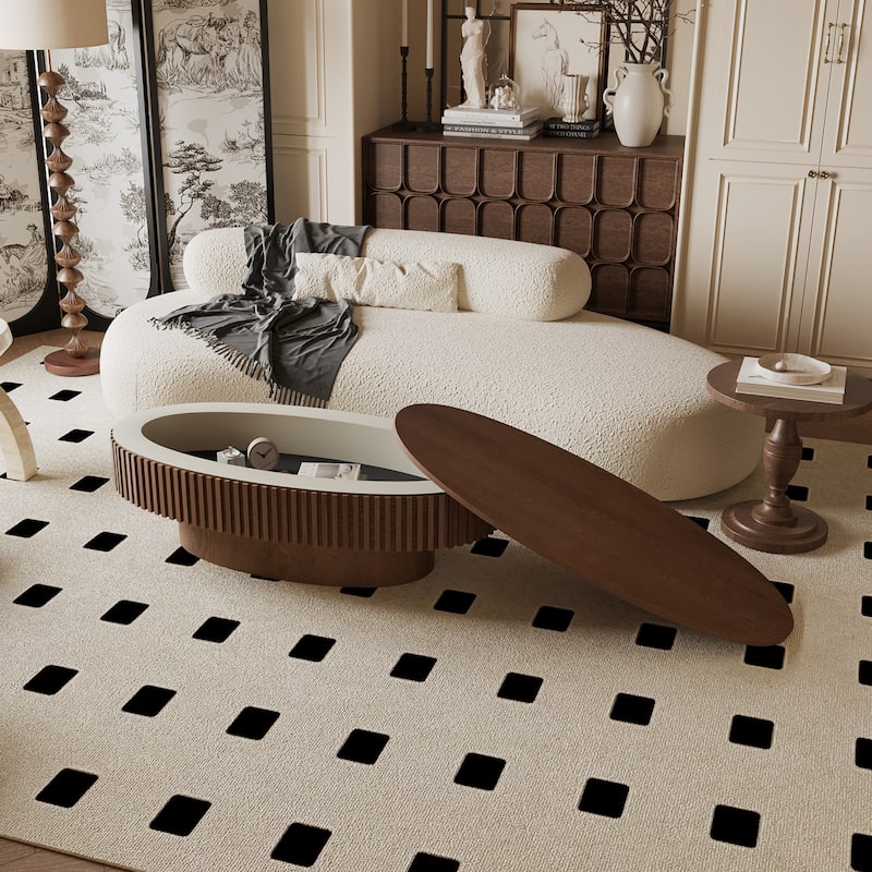 Modern Solid Wood Veneered Round/Oval Coffee Tea Table with Storage