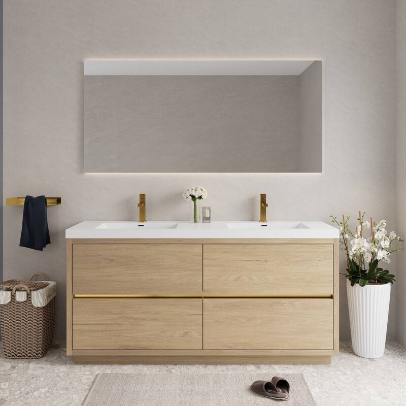 Freestanding Bathroom Vanity with White Stone Resin Top - Natural Oak and White - 70.87'' x 19.69'' x 35.43''