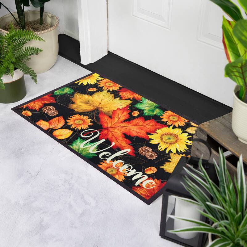 Maple Leaves and Sunflowers Welcome Fall Harvest Outdoor Doormat - 17.75" x 29.5"