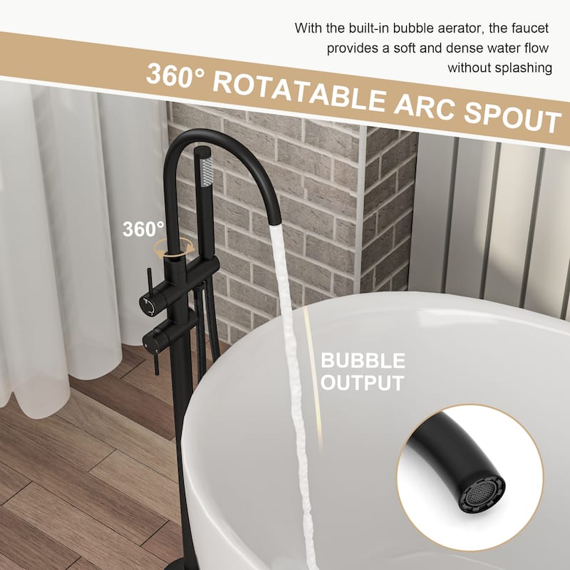Freestanding Bathtub Faucet Floor Mount Tub Filler Matte Black, Swivel Gooseneck Spout with Cylinder Handheld