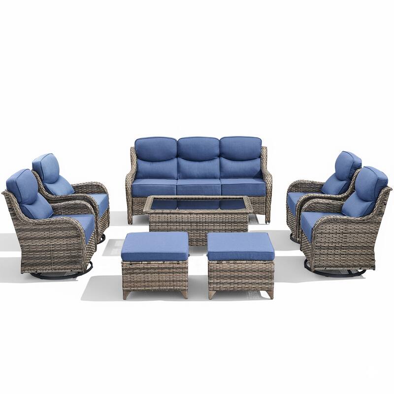 Arcadia 8-Piece Wicker Patio Conversation Set with Swivel Gliders and 6-Inch Thick Olefin Cushions