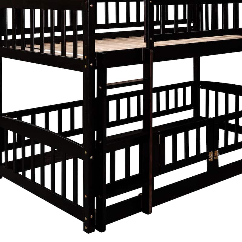 Solid Wood Low Bunk Bed with Slide,Fence and Ladder