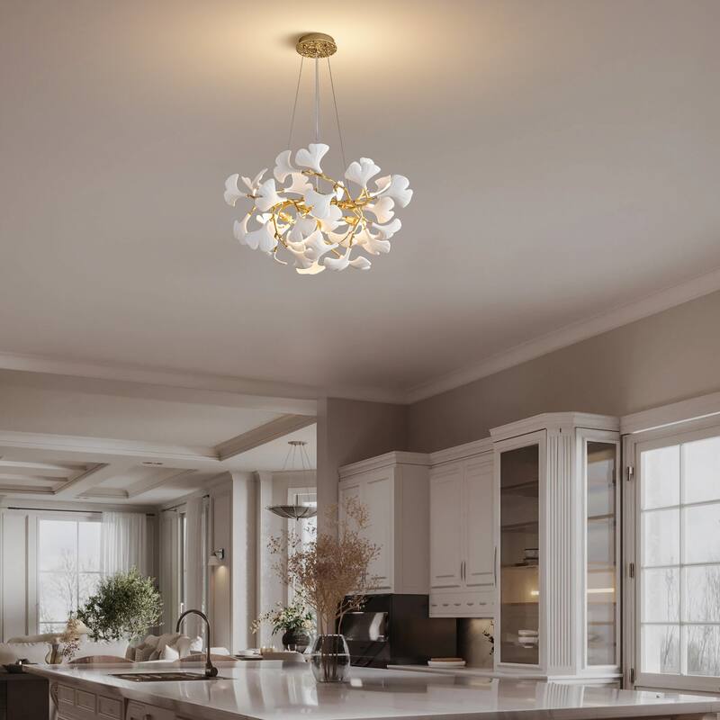 Modern Ginkgo Leaf Ceramic Chandelier, Moon Ring Round Pendant Light, D550-D1200, Gold Finish