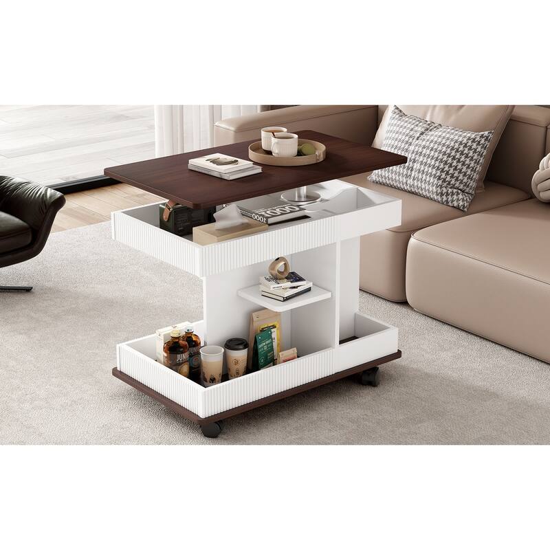 Adjustable End Table Sofa Side Table with Wheels, Multifunctional Cocktail Table Center Table with Shelves