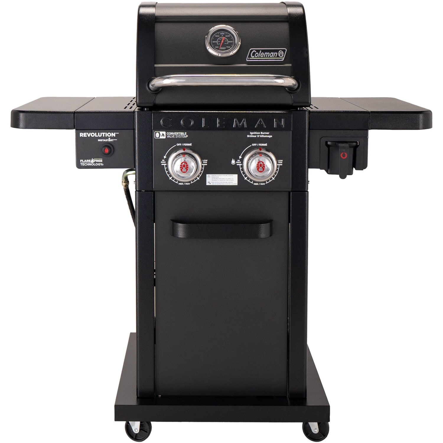 Coleman Revolution 2 Burner Gas BBQ Grill w 440 Sq. In. Total Cooking Surface 2 Side Shelves Flare Free Grates Black Natural Gas Grey