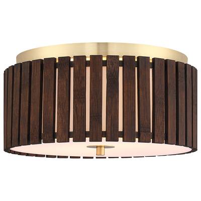 2-Light Bamboo Flush Mount Ceiling Light - D13.4"x H7" - Brass/Chocolate - 13.4 in. W