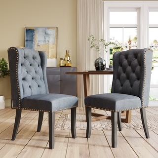 Dark Gray-Classic Cotton Fabric Dining Chairs Set of 2 Solid Wood Side ...