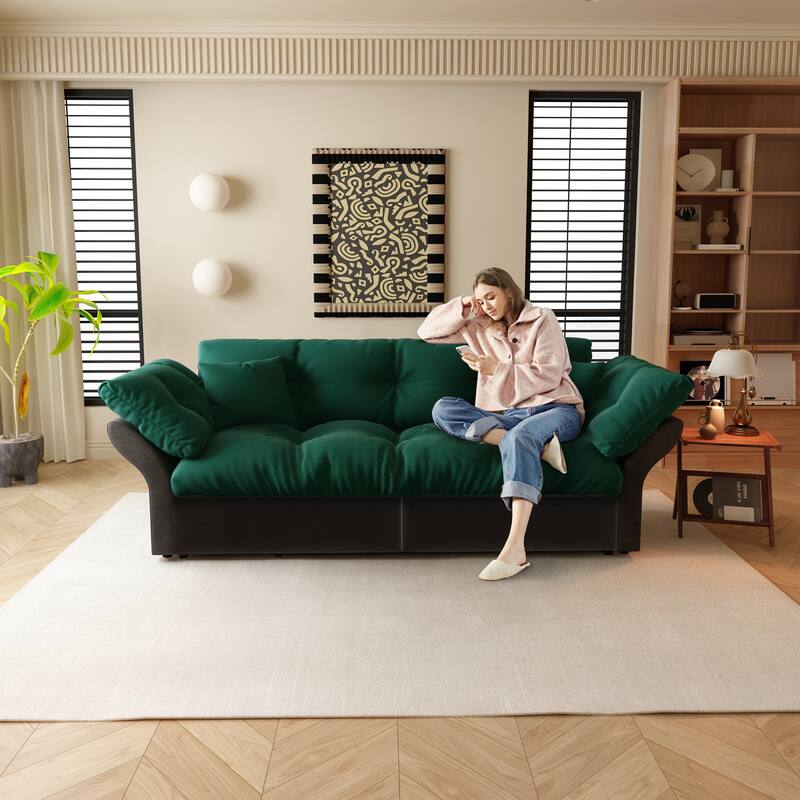 74.8" Queen Pull Velvet Out Sofa Bed, 3-in-1 Convertible Sleeper Tufted Sofa with 2 Soft Pillows-Green