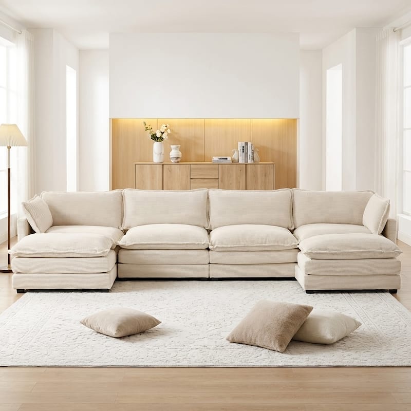 Oversized Modular Corduroy Sectional Sofa Set with Ottoman, 3-Seater / 4-Seater Deep Seat Lounge Couch for Living Room