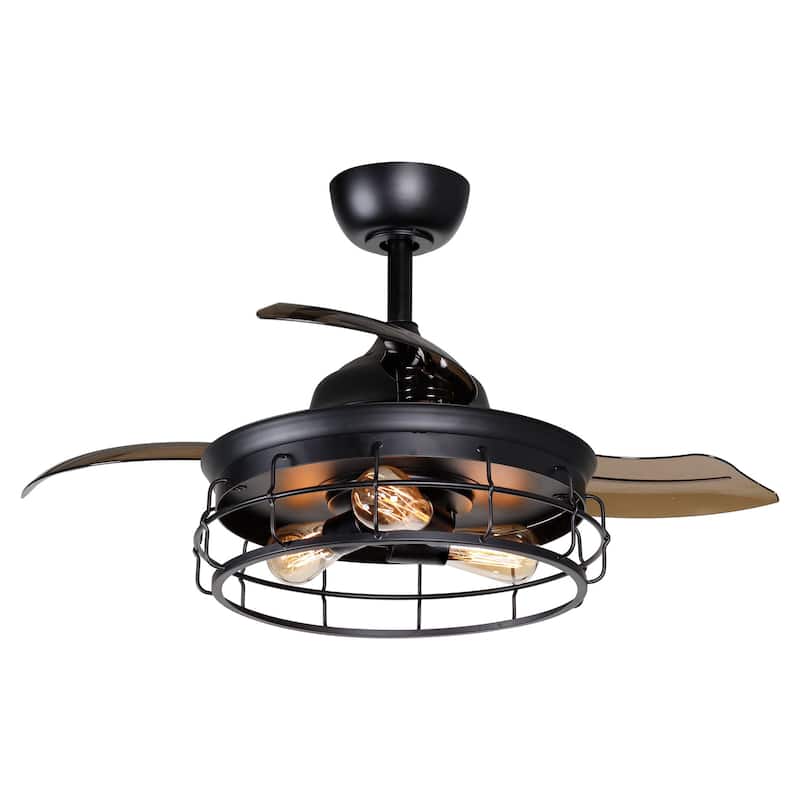36-in Industrial Matte Black Metal 3-Blades Retractable Caged Ceiling Fan with Remote and Light Kit - 36 Inches