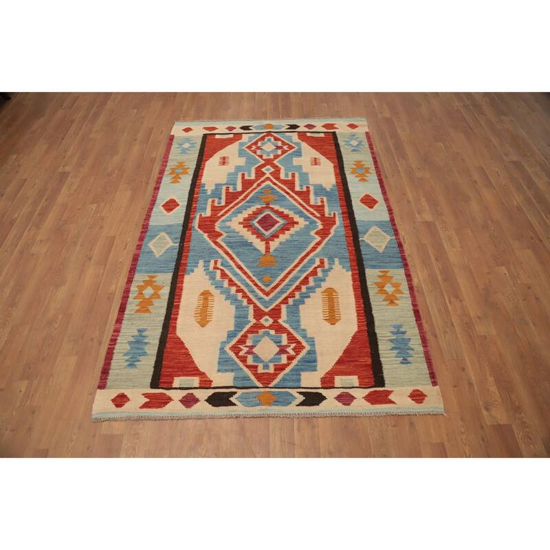 Hand Woven Oriental 100% Wool Carpet Southwestern Tribal Navy Blue & Blues Kilim Area Rug - 6' 3'' X 4' 1''