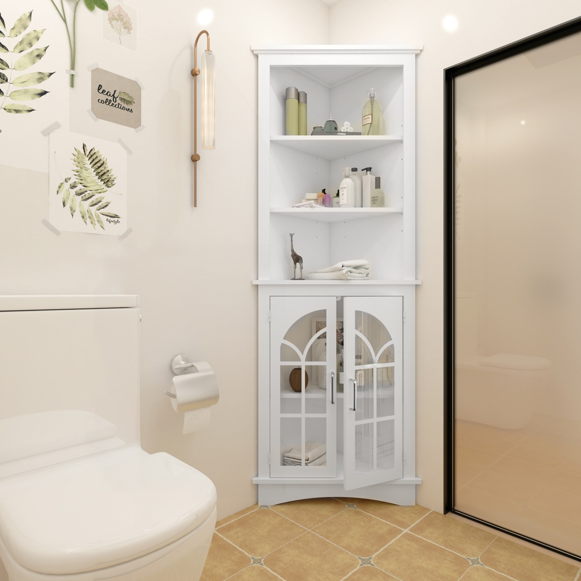 Tall Corner Storage Cabinet with Open Shelves and Adjustable Interior Shelf, Freestanding File Cabinet with Glass Door