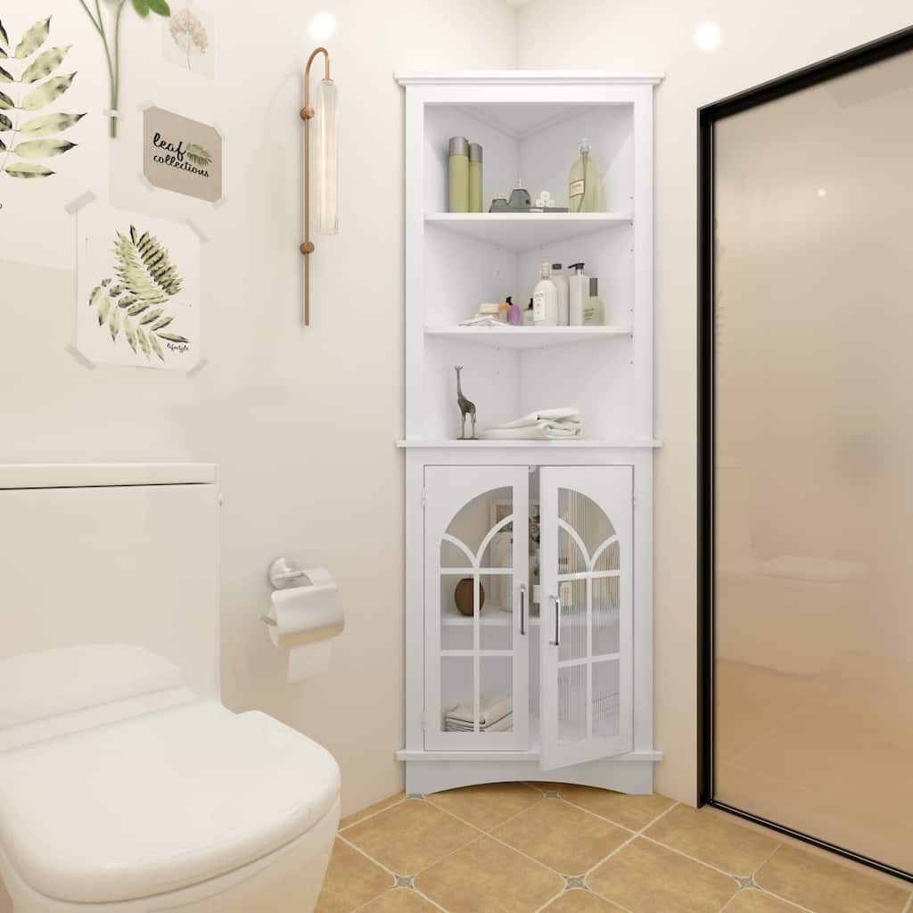 Tall Corner Storage Cabinet with Open Shelves and Adjustable Interior Shelf, Freestanding File Cabinet with Glass Door