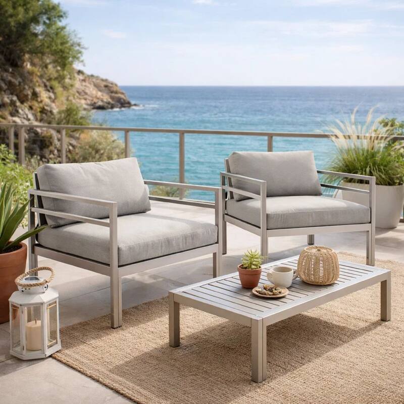 Billy 34 Inch Modern Outdoor Armchair, Gray Aluminum Frame, Fabric Cushions