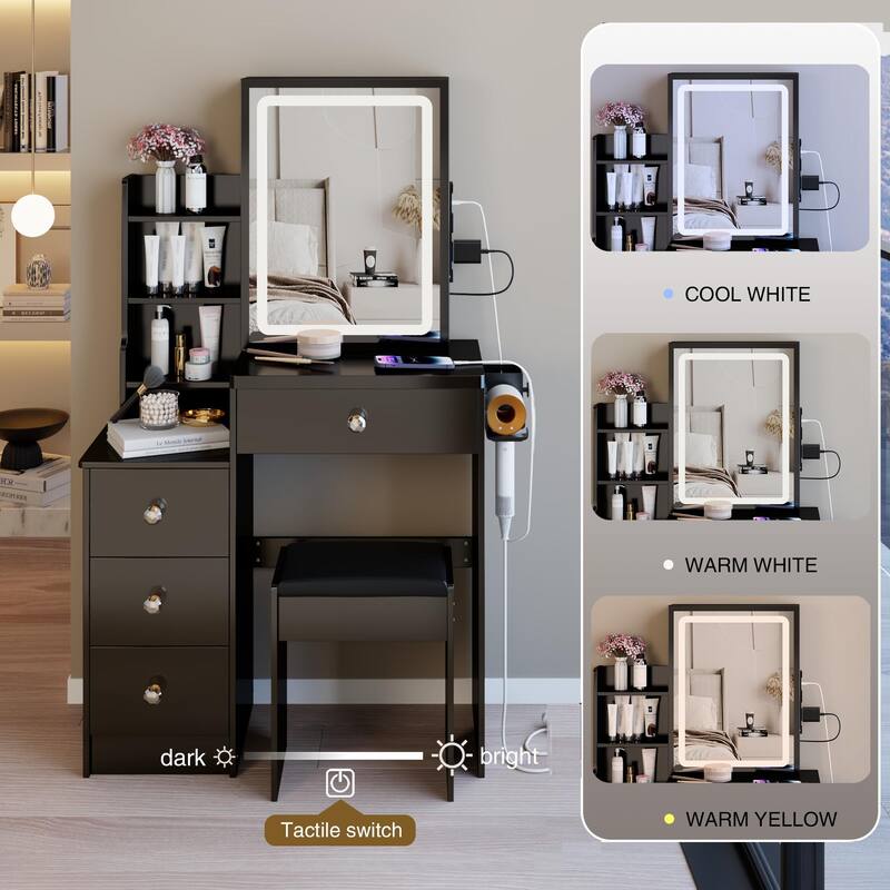 Compact Makeup Vanity with Power Outlets, Type-C Charging, Touch Mirror & Stool, 29.2" Dresser for Small Space