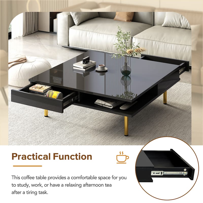 Roomfitters Square High Gloss Coffee Table with Golden Legs, Modern 2-Tier Center Table with Hidden Storage