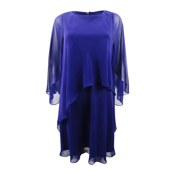 Cape-Overlay Chiffon Dress - Blue 