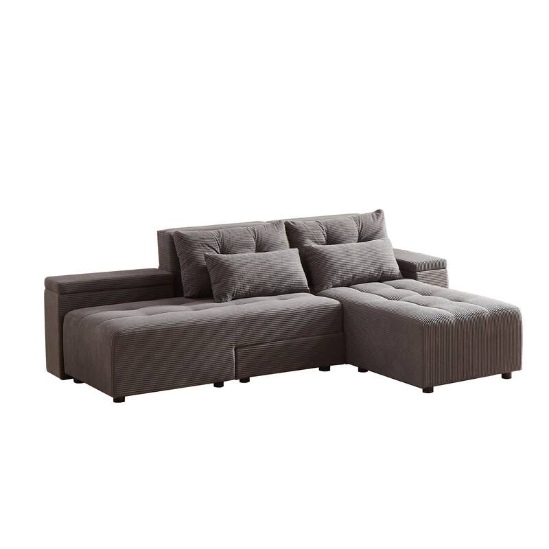 111" Convertible Corduroy 3-in-1 Sofa Bed and Sectional Sofa with Storage, 4 Pillows