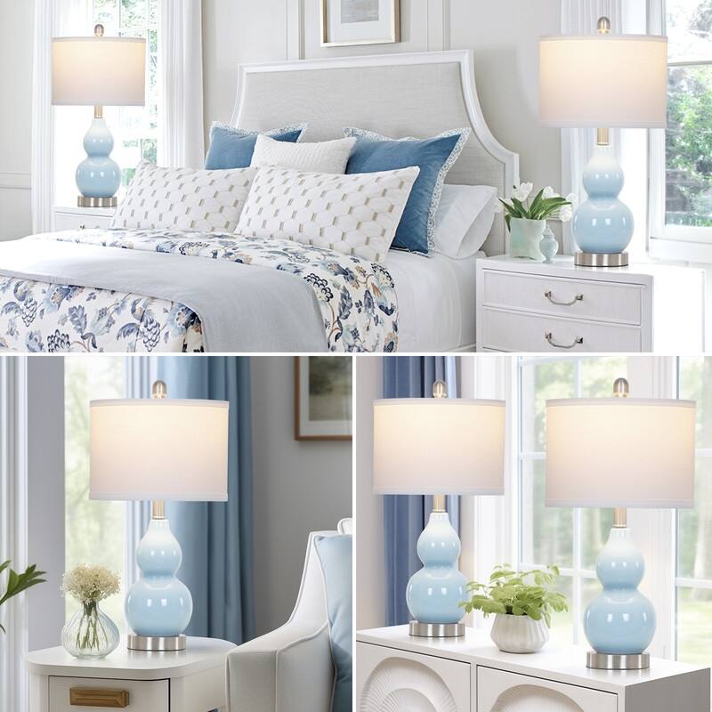 22'' Modern Blue Ceramic Table Lamp with Nickel Accents and Linen Drum Shade(Set of 2) - 11'' x 11'' x 22''