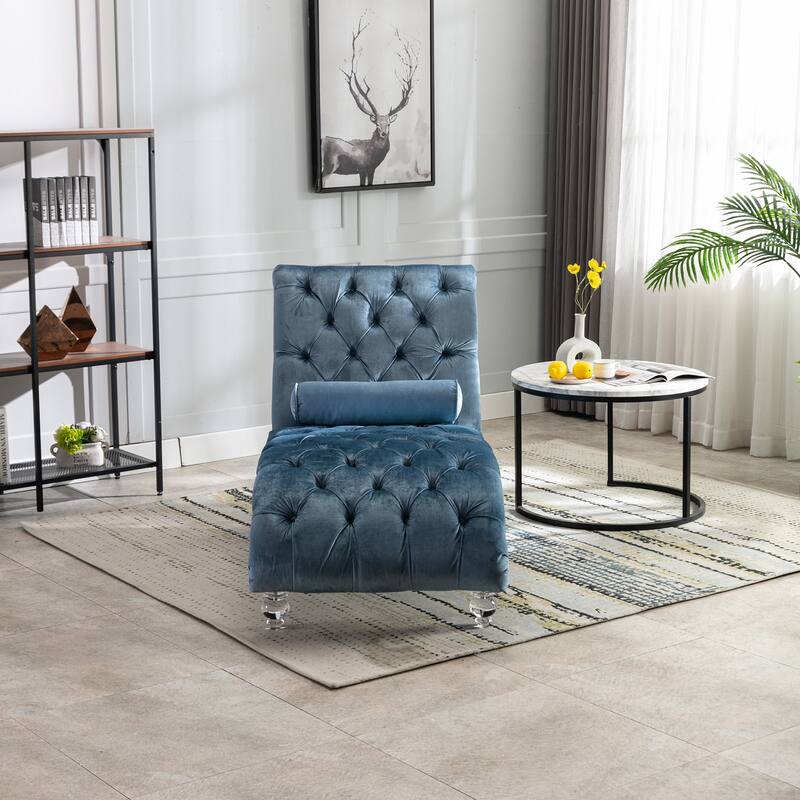 Velvet Tufted Chaise Lounge Chair Ergonomic S Shape Recliner with Pillow, Nailhead Trim and Acrylic Legs for Indoor Use