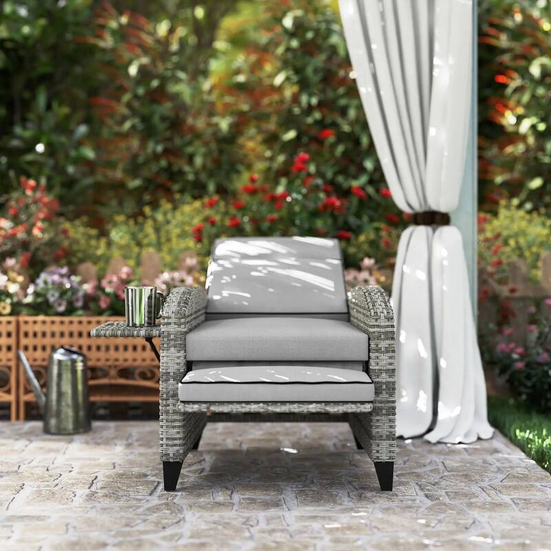 Outdoor Recliner with Cushions,Adjustable Footrest,Armrests,Tray Table