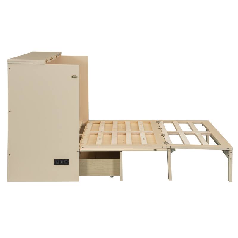 Space-Saving Full Size Murphy Bed with Drawers and USB Charging, Gold Finish