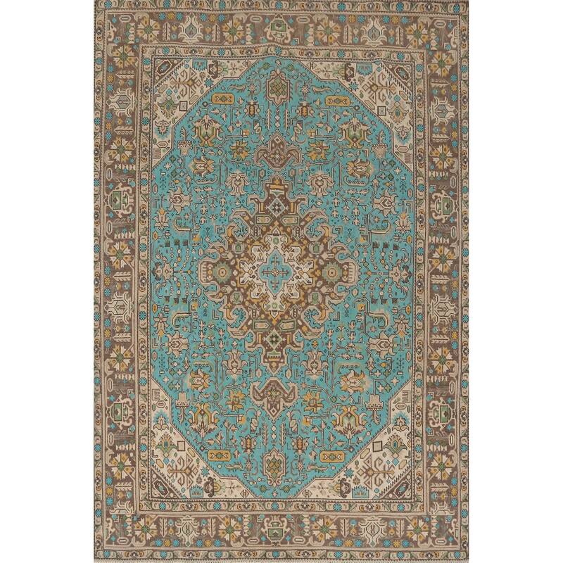 Hand Knotted Oriental 100% Wool Carpet Traditional Medallion Navy Blue & Blues Tabriz Area Rug - 9' 3'' X 6' 5''