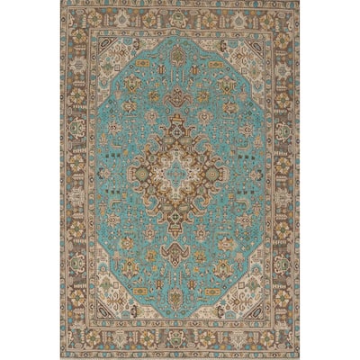 Hand Knotted Oriental 100% Wool Carpet Traditional Medallion Navy Blue & Blues Tabriz Area Rug - 9' 3'' X 6' 5''