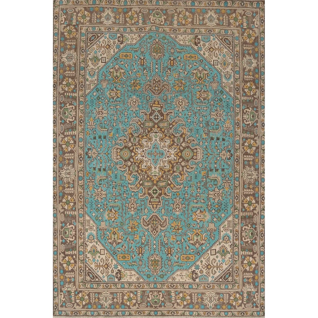 Hand Knotted Oriental 100% Wool Carpet Traditional Medallion Navy Blue & Blues Tabriz Area Rug - 9' 3'' X 6' 5''