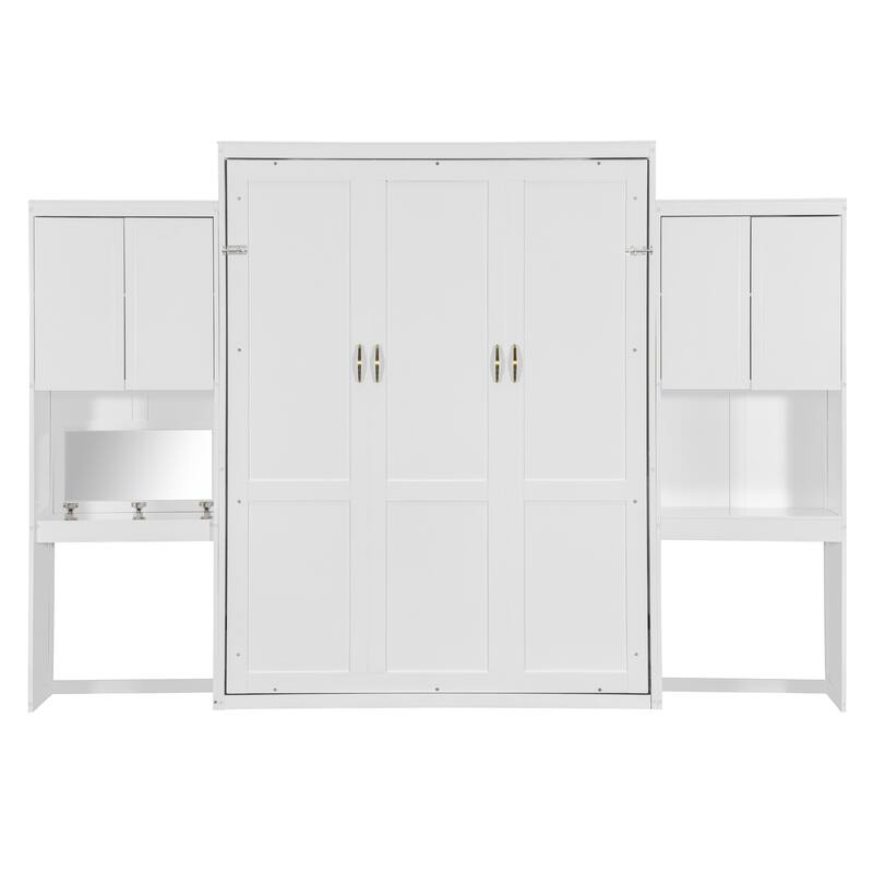 Heavy Duty Queen Murphy Bed with Desk, Multi-Functional Murphy Folding Bed with Vanity and Cabinets for Guest Rooms or Studios