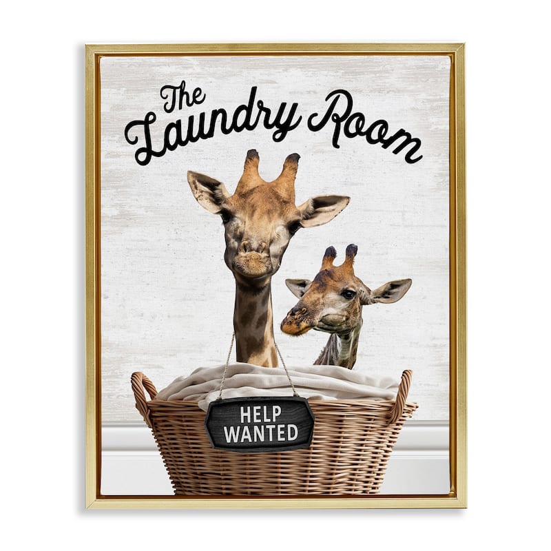 Stupell Help Wanted Laundry Room Giraffes Framed Floater Canvas Wall Art Design By Lettered and Lined - 25 x 31 - Gold