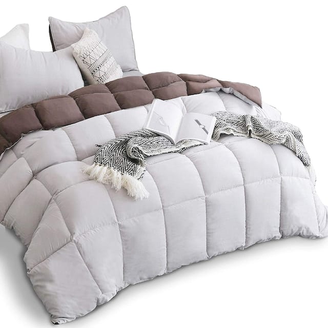 Kasentex All Season Down Alternative Quilted Comforter Set Reversible Ultra Soft Duvet Insert - Silver/Brown - Twin