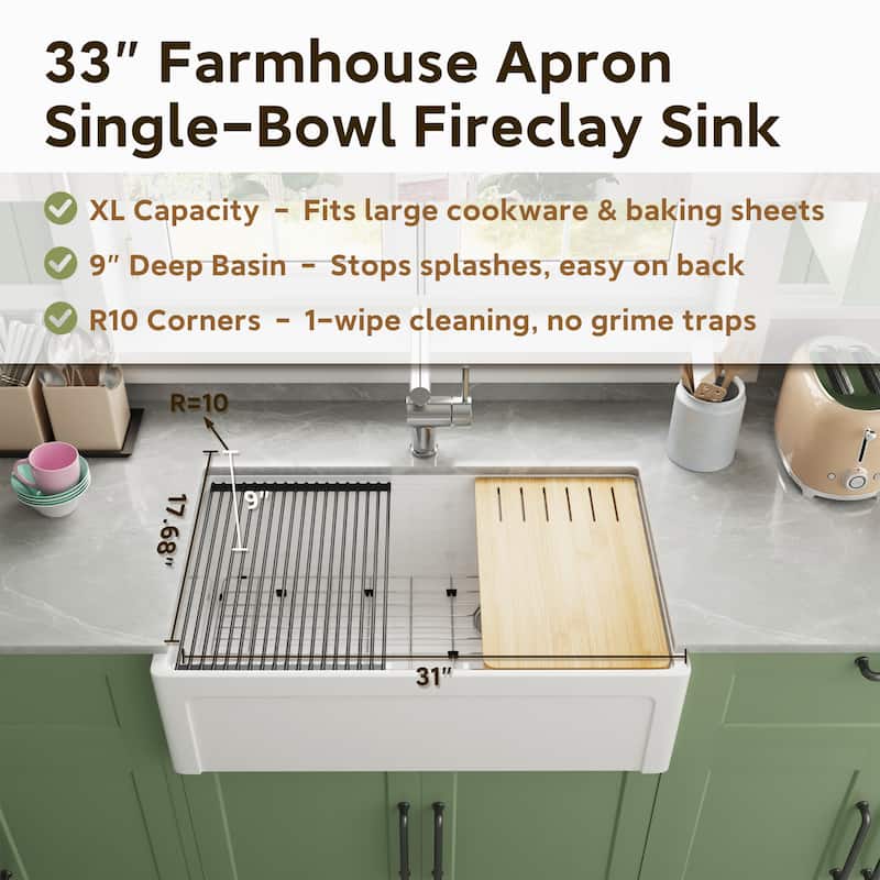 33 in. Farmhouse Double Bowl White Fireclay Workstation Kitchen Sink Drying Rack + Cutting Board + Bottom Grid & More