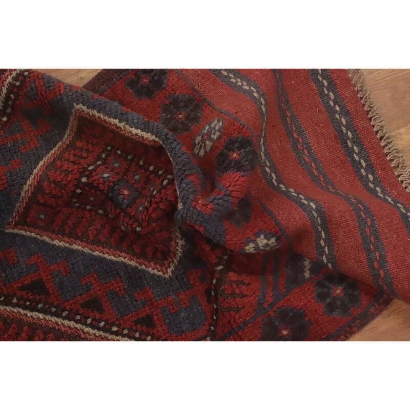 Hand Knotted Oriental 100% Wool Carpet Traditional Tribal Red Balouch Runner Rug - 8' 1'' X 2' 0''