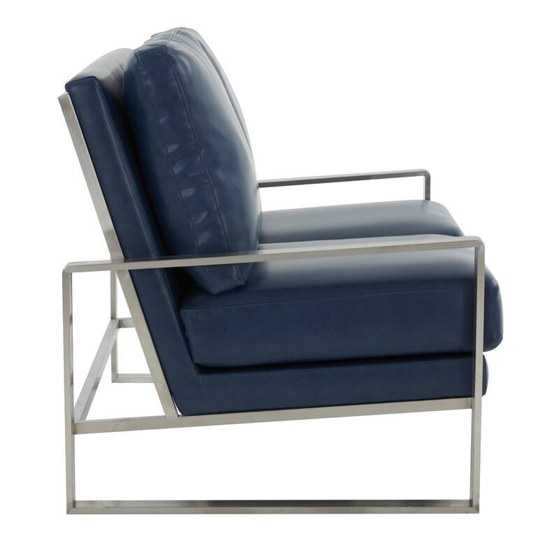 Jefferson Modern Leather Loveseat with Brushed Silver Stainless Steel Base, Removable Cushions, Sinuous Springs, Fully Assembled