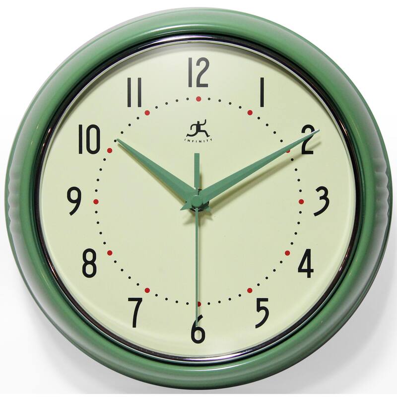 Round Retro Kitchen Wall Clock by Infinity Instruments - 9.5 Inch - Green